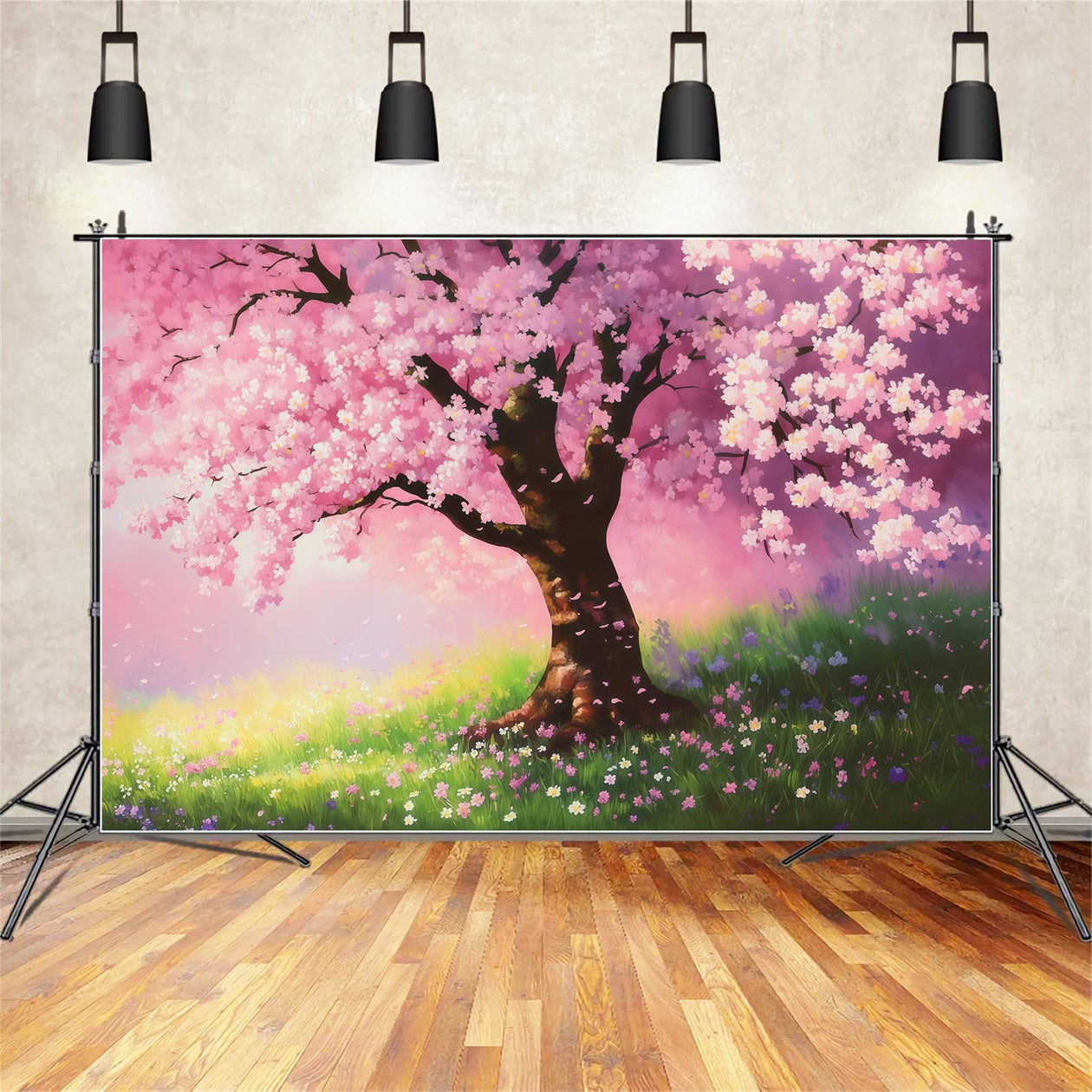 Kirschblüten-Hintergrund Verträumter gemalter Sakura-Feld-Blumenhintergrund LXX61-176