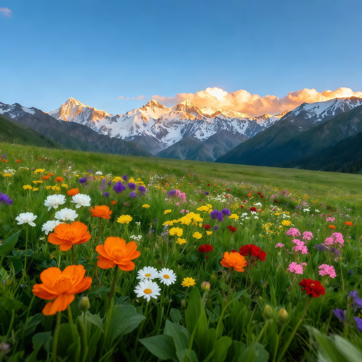 Wildblumen-Hintergrund Alpengebirge Tal Blumenfeld Blumen-Fotohintergrund LXX61-178