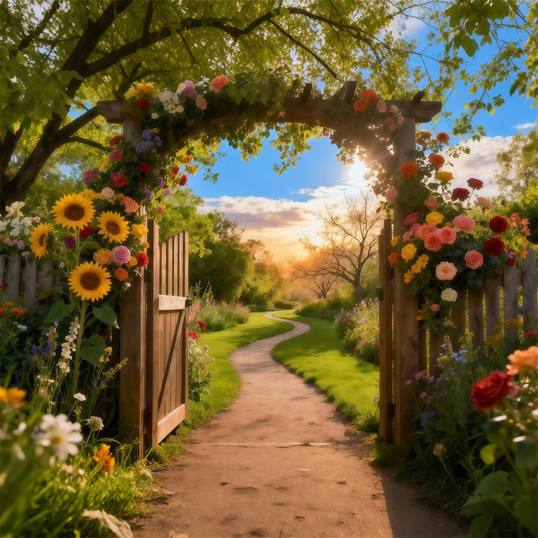 Garten-Fotohintergrund Sonnenuntergang Rustikaler Bogen Tür Weg Blumenhintergründe LXX61-180