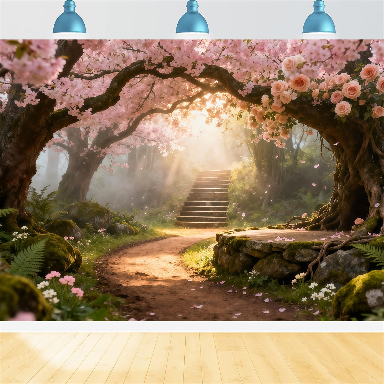 Kirschblüten-Fotohintergrund Blumenbogen Sonniger Weg Blumenhintergrund für Fotografie LXX61-192