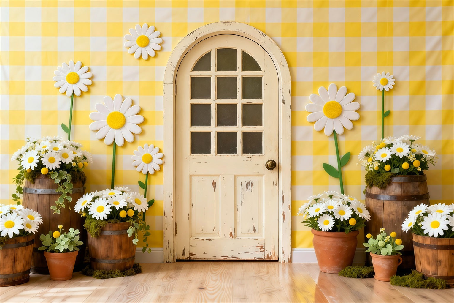 Gänseblümchen-Hintergrund Gingham Cottage Tür Blumenwand Blumengirlanden-Hintergrund LXX61-198