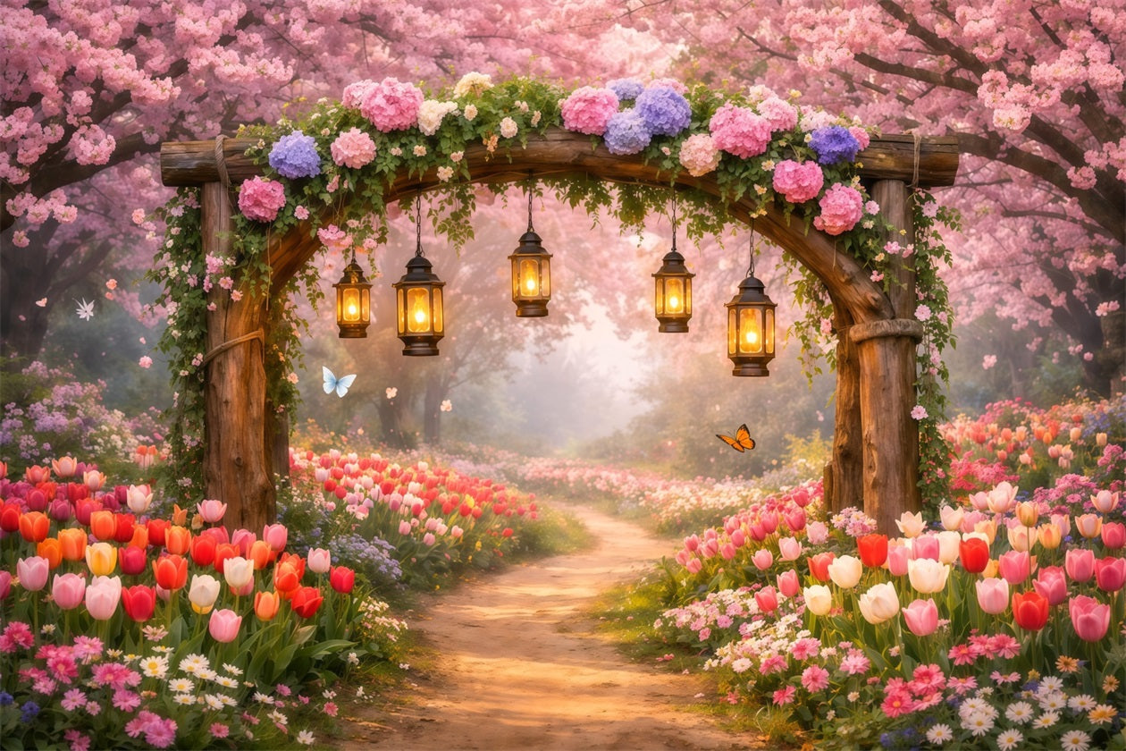 Kirschblüten-Hintergründe Laternen-Garten mit rosa Blumenweg LXX61-202