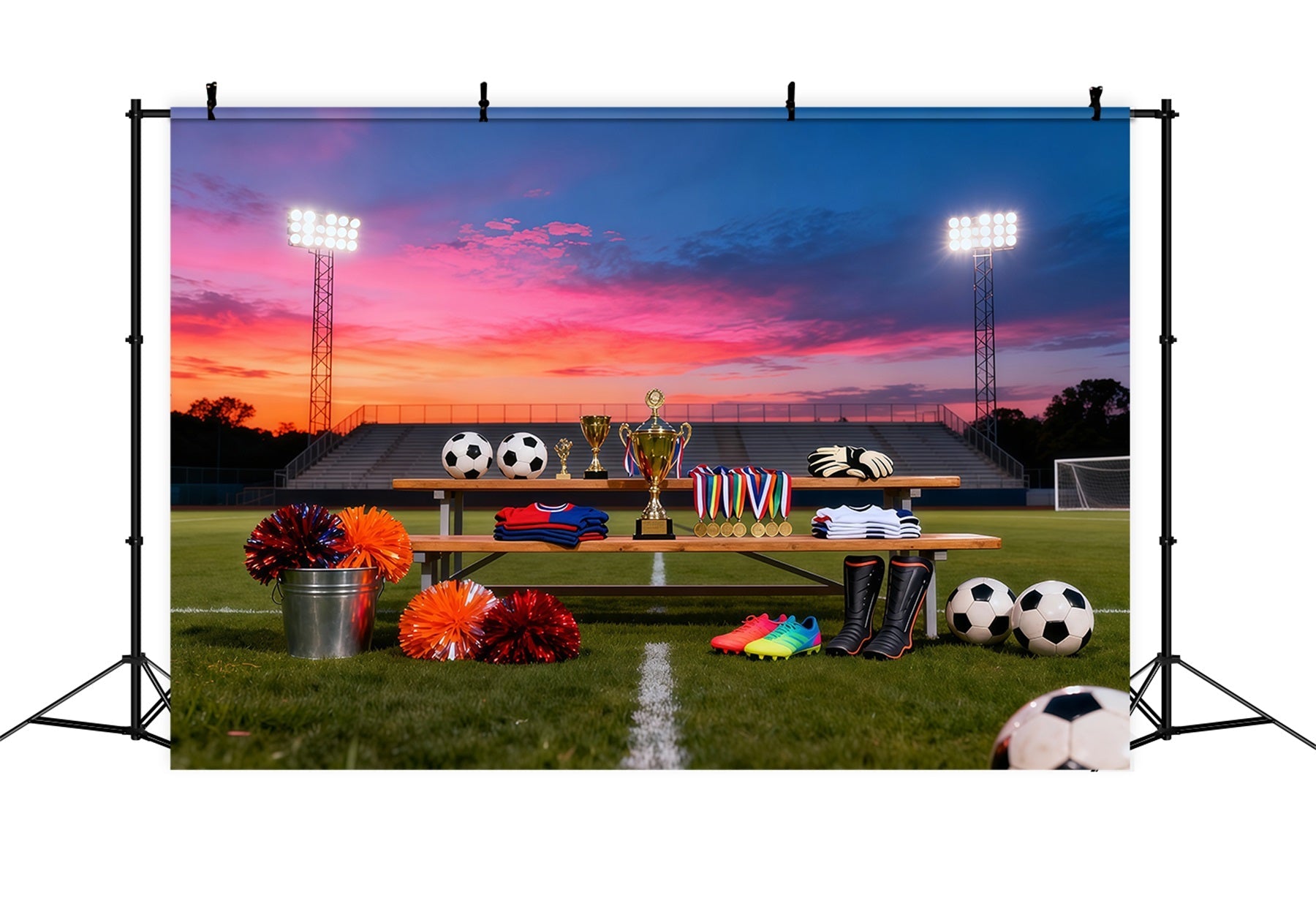 Fußball-Hintergrund Sonnenuntergang Trophäen-Auszeichnung Display Sport-Hintergründe für Fotografie LXX61-225
