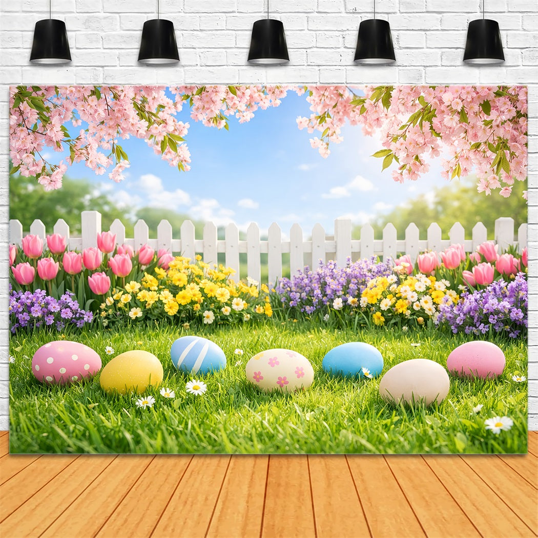Osterei-Hintergrund Kirschblütengarten Rasen Fotohintergründe Ostern LXX61-35