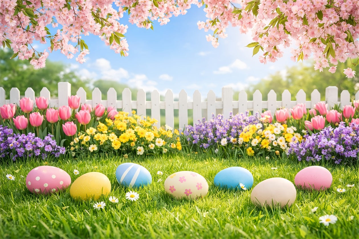 Osterei-Hintergrund Kirschblütengarten Rasen Fotohintergründe Ostern LXX61-35