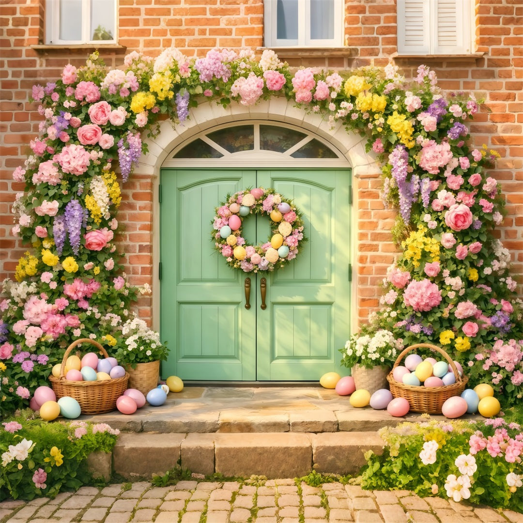 Osterei-Hintergrund Pastellfarbene Blumentür Eierkranz 10x10 Ostern-Hintergründe LXX61-37