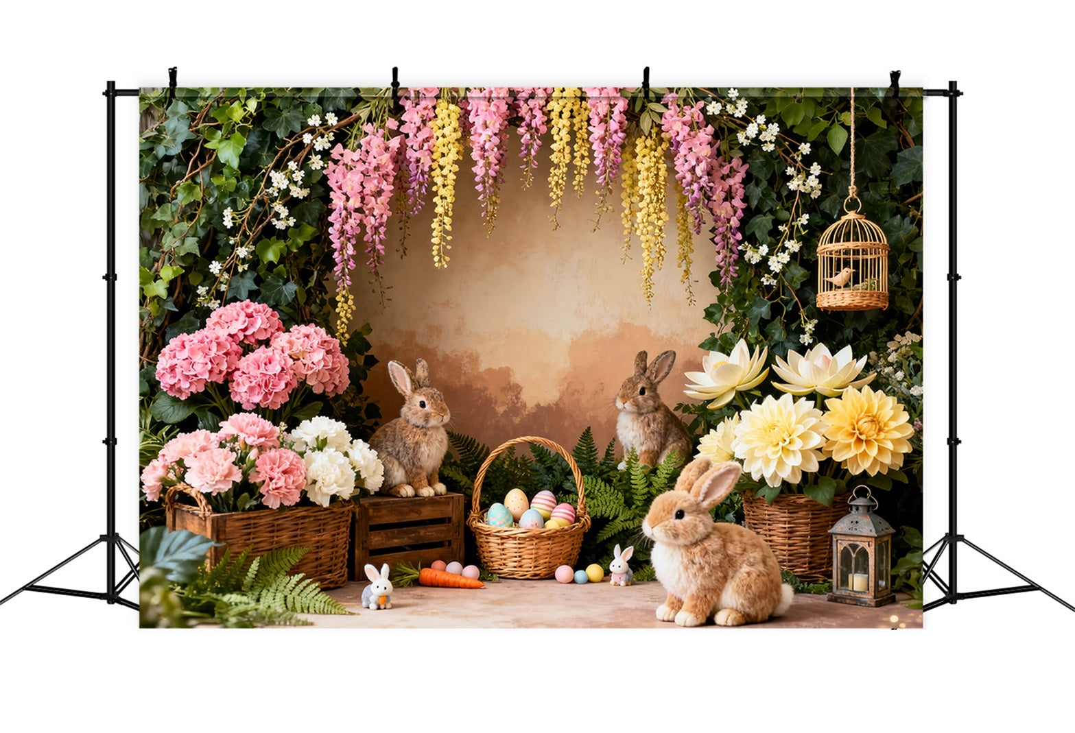 Osterhase-Bildhintergrund Gartenblumenstrauß Eierkorb-Hintergrundideen für Ostern LXX61-38