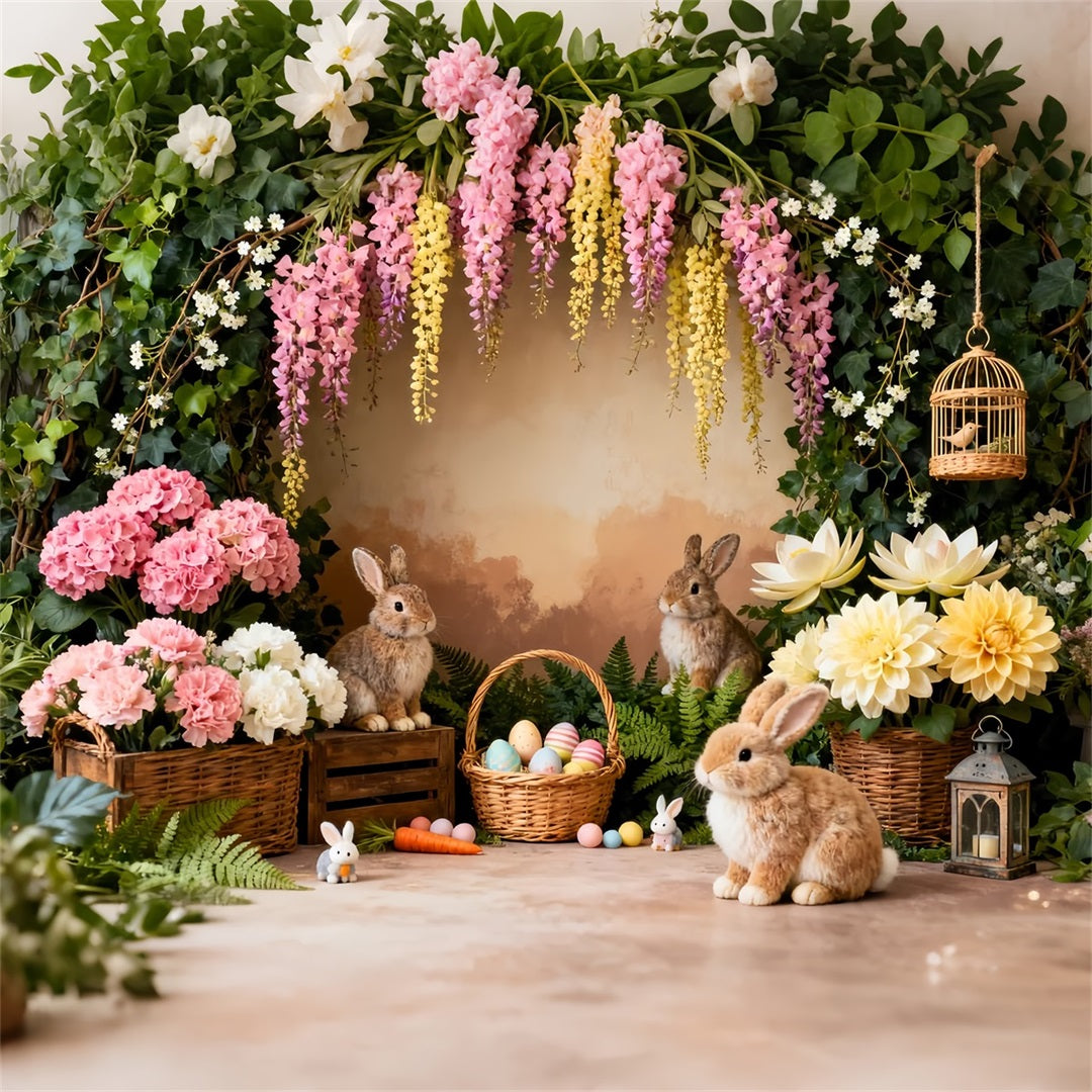 Osterhase-Bildhintergrund Gartenblumenstrauß Eierkorb-Hintergrundideen für Ostern LXX61-38