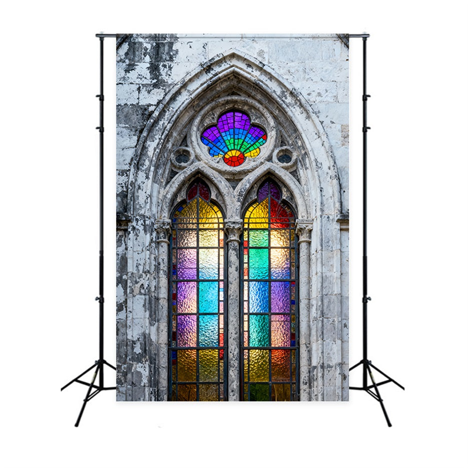 Ideen für Oster-Hintergründe für Kirchen Vintage-Steinkirche Regenbogen-Glas Einfacher Oster-Hintergrund LXX61-52