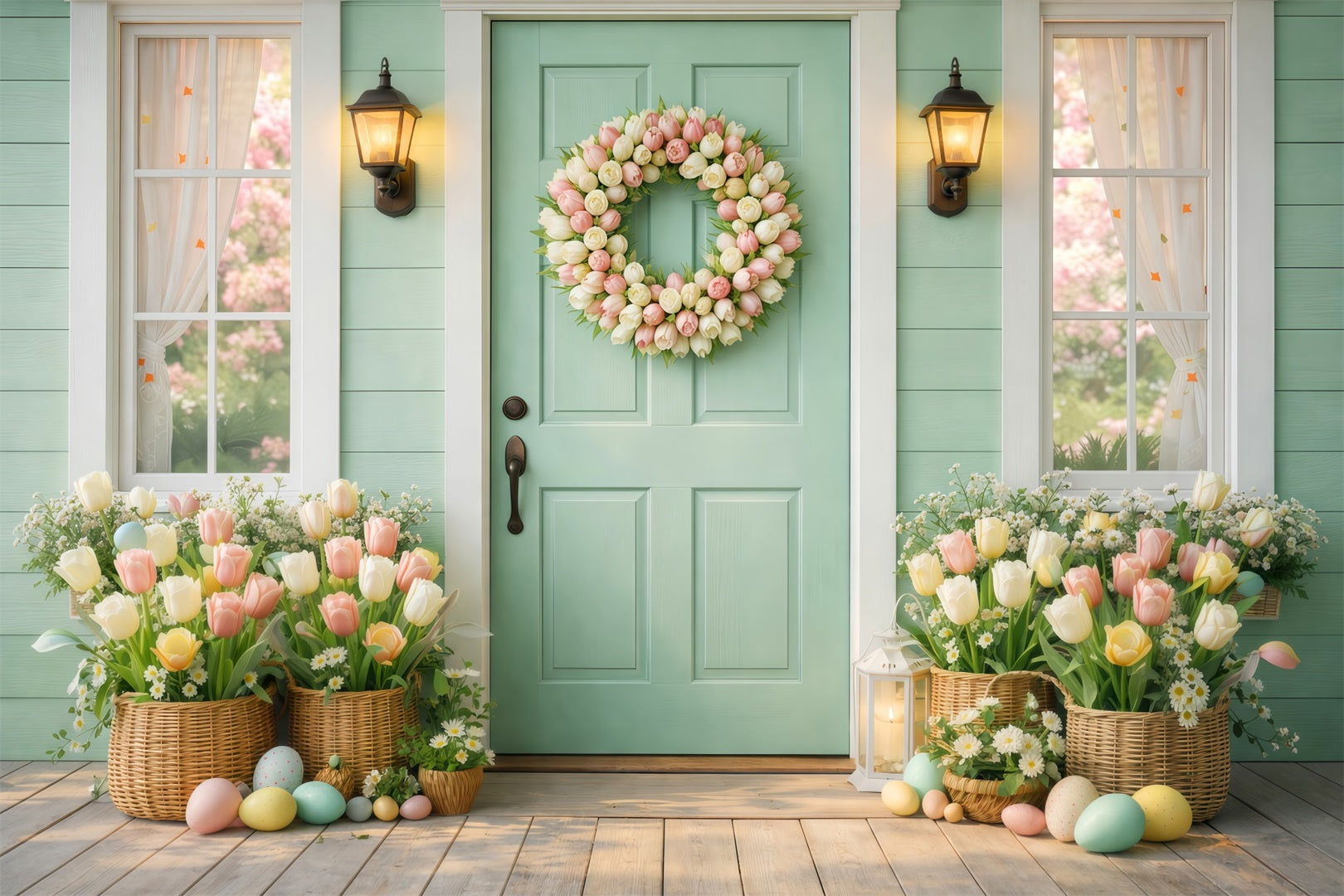 Oster-Sonntag-Hintergründe Minztür Tulpenkranz Veranda-Fotografie Oster-Fotohintergrund LXX61-56
