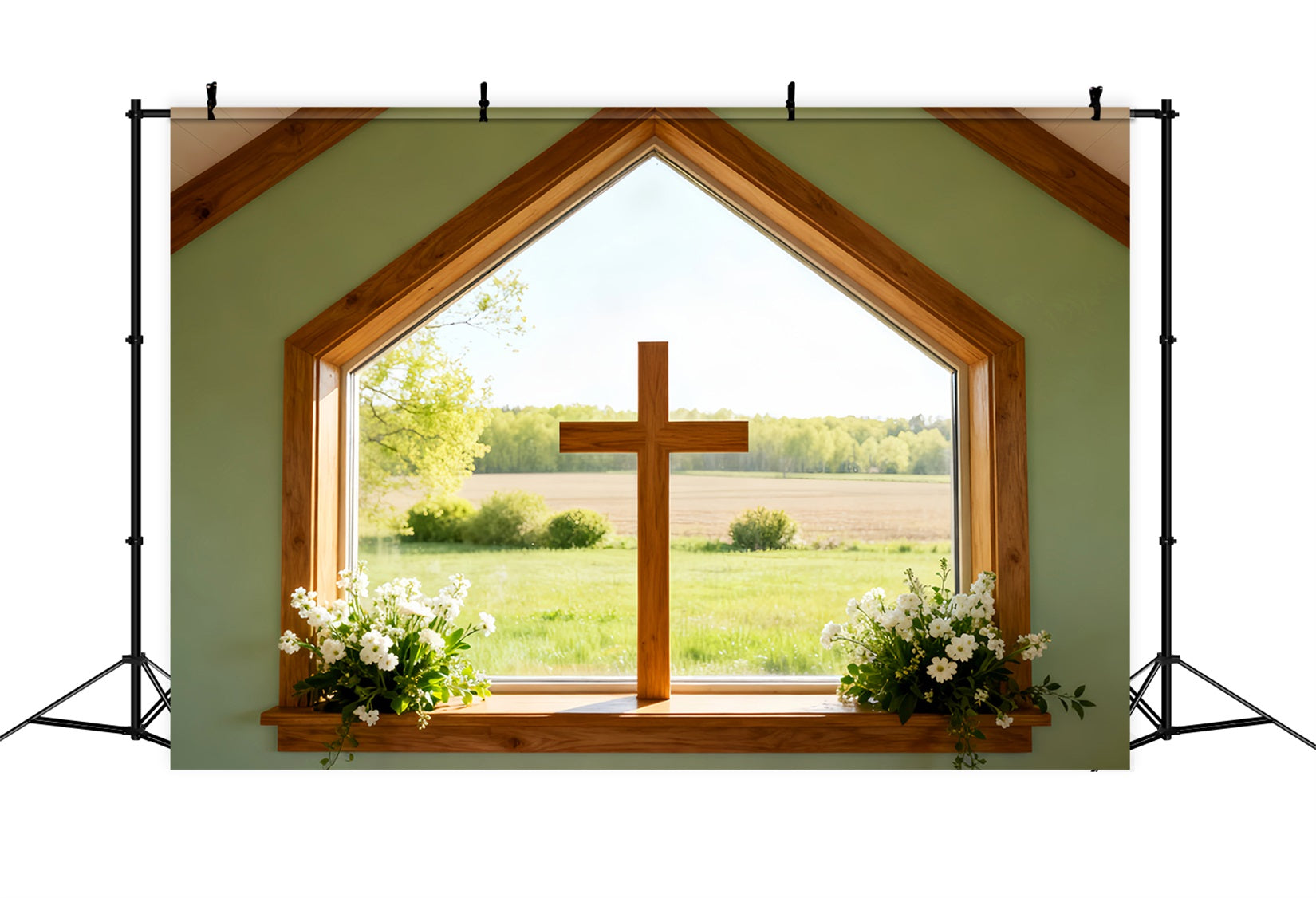 Osterkirchen-Hintergründe Sonnige Wiese Fenster Kreuz Großer Osterhintergrund LXX61-57