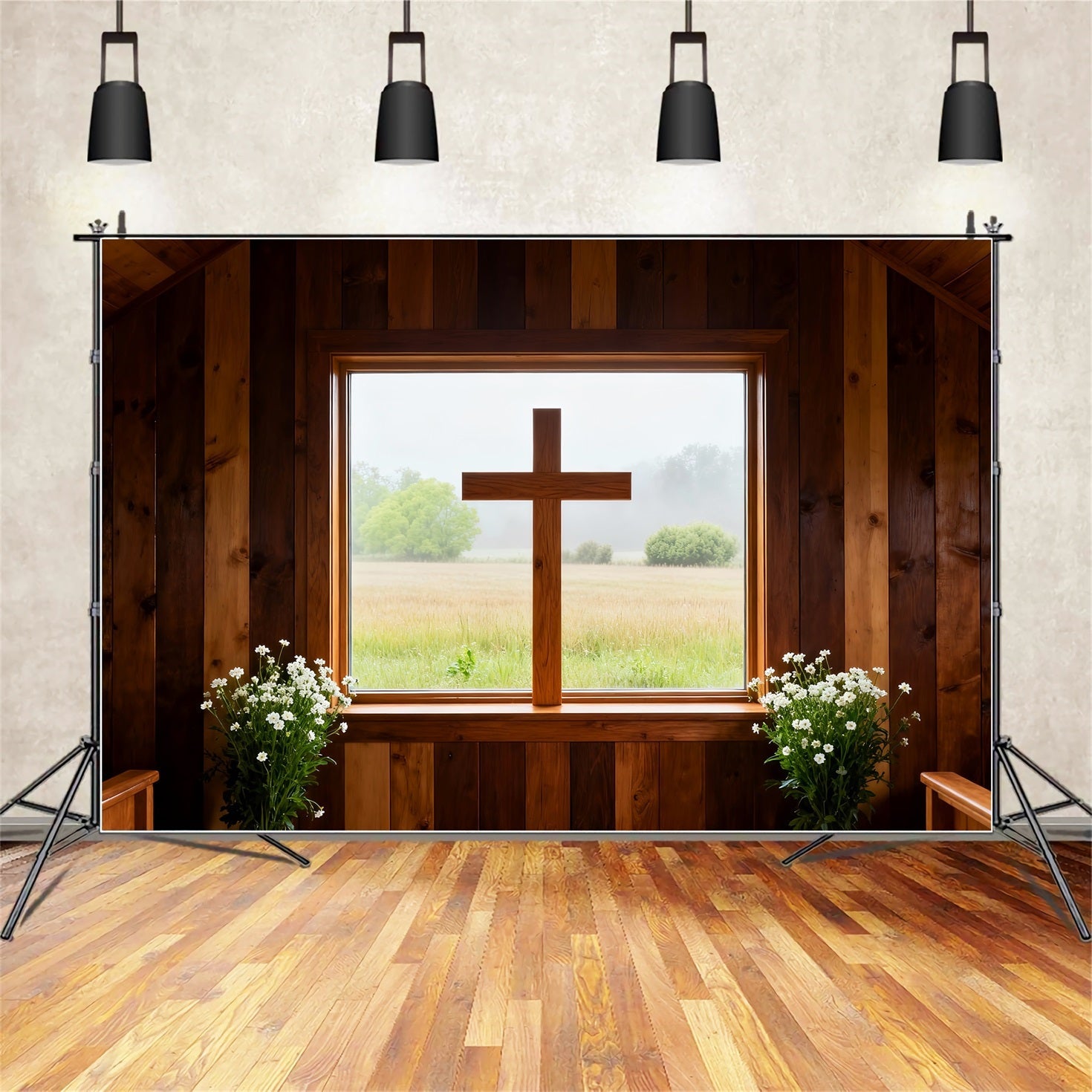 Oster-Kirchenhintergründe Rustikale Holz-Kapelle Fenster Kreuz Großer Osterhintergrund LXX61-58