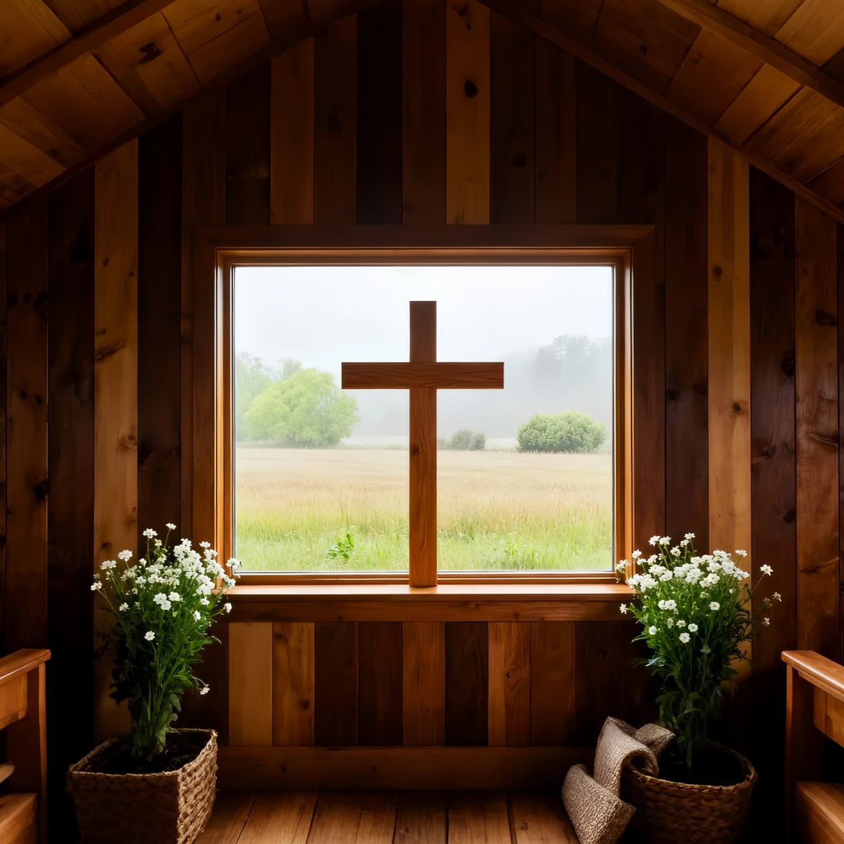 Oster-Kirchenhintergründe Rustikale Holz-Kapelle Fenster Kreuz Großer Osterhintergrund LXX61-58