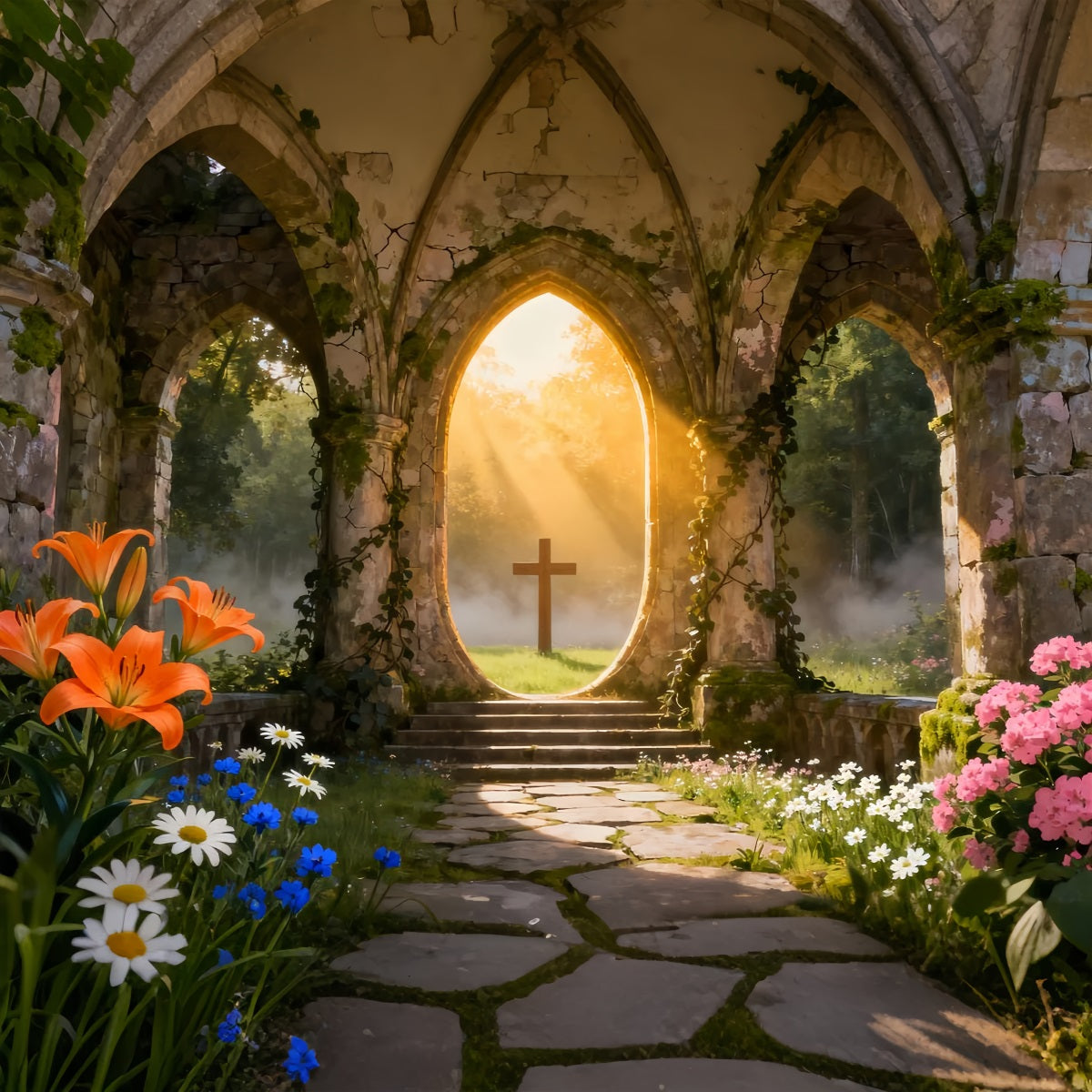 Ideen für Oster-Kulissen in Kirchen Sonnendurchflutete Ruinen Kreuz Gartenfotografie Oster-Fotokulisse LXX61-63
