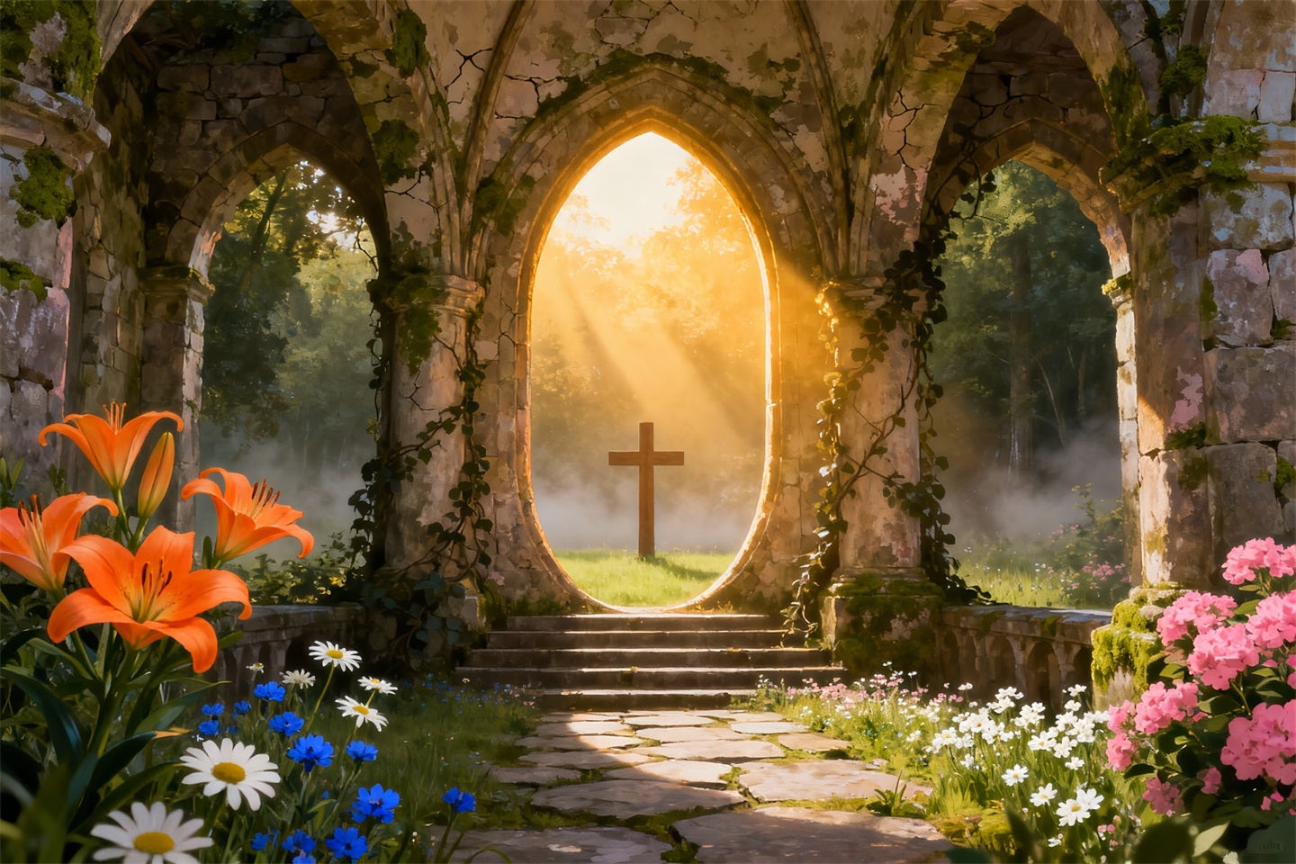 Ideen für Oster-Kulissen in Kirchen Sonnendurchflutete Ruinen Kreuz Gartenfotografie Oster-Fotokulisse LXX61-63