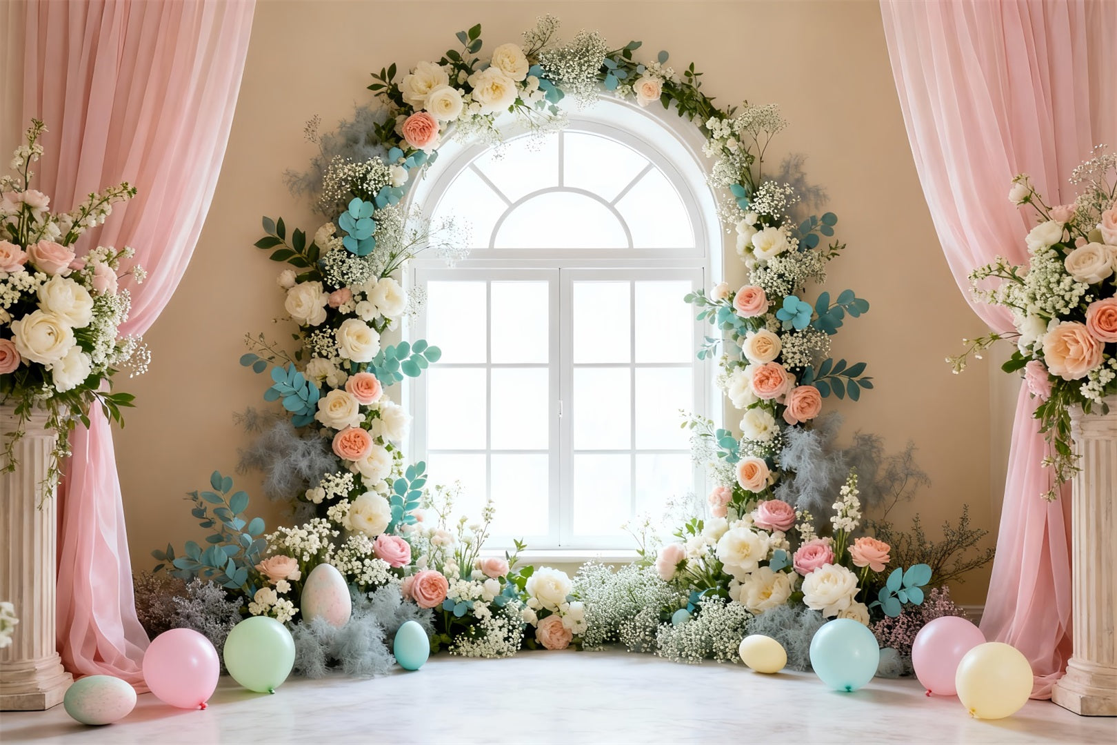 Oster-Frühlingshintergrund Eleganter Blumenkranz für Fenster Oster-Hintergrundbeleuchtung Studio LXX61-68