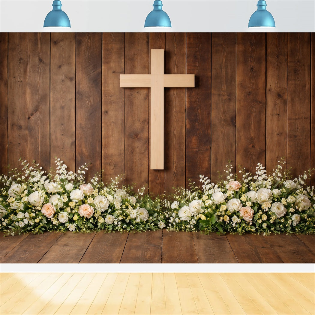 Religiöse Oster-Hintergründe Rustikale Holzkreuze mit Blumenbasis Hintergründe für Osteraufführungen LXX61-69