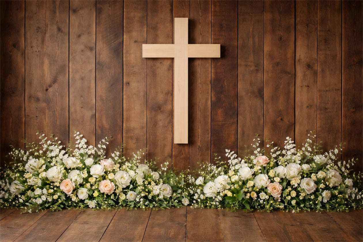 Religiöse Oster-Hintergründe Rustikale Holzkreuze mit Blumenbasis Hintergründe für Osteraufführungen LXX61-69