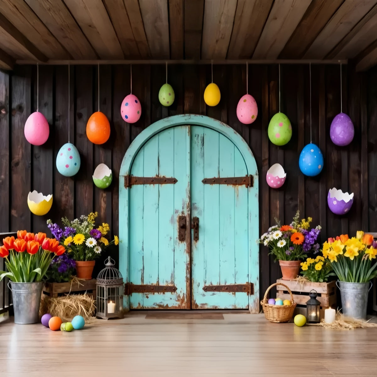Niedliche Oster-Hintergründe Frühlingsgarten Blumen-Eierbogen Oster-Hintergrund 2026 LXX61-71