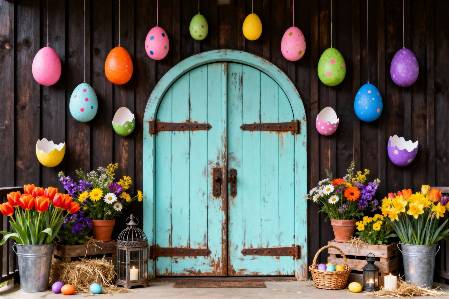 Niedliche Oster-Hintergründe Frühlingsgarten Blumen-Eierbogen Oster-Hintergrund 2026 LXX61-71
