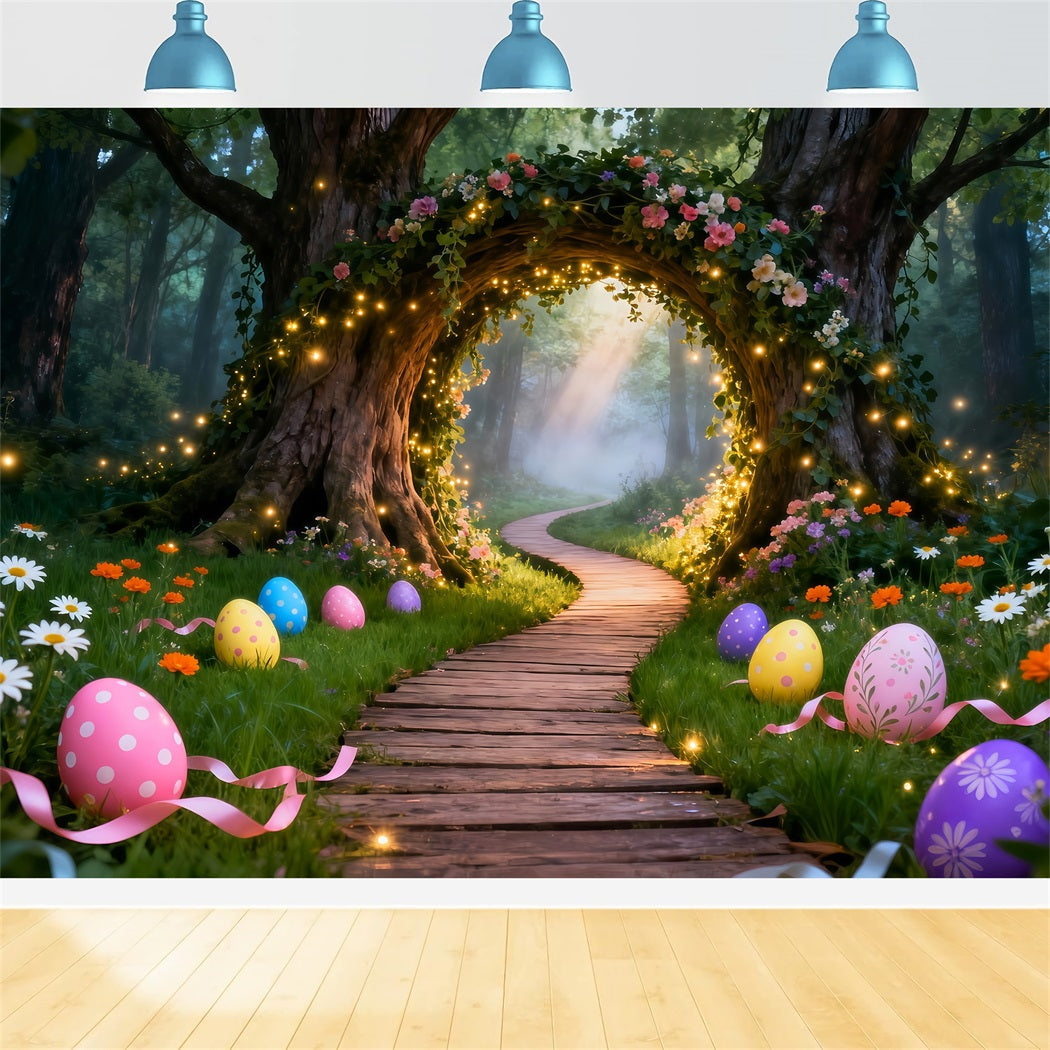 Hintergrund mit Ostereiern Verzauberter Wald Beleuchteter Bogenweg Ideen für Osterhintergründe im Freien LXX61-75