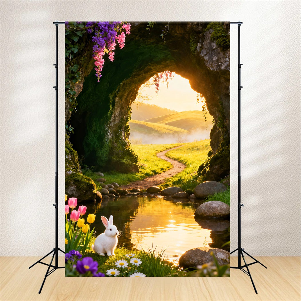 Süßer Osterhintergrund Goldener Sonnenaufgang Höhle Wiese Bach Günstige Osterhintergründe LXX61-77