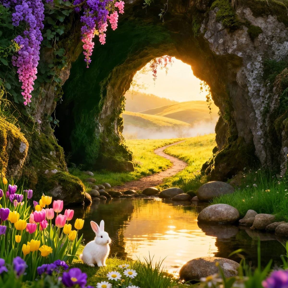 Süßer Osterhintergrund Goldener Sonnenaufgang Höhle Wiese Bach Günstige Osterhintergründe LXX61-77