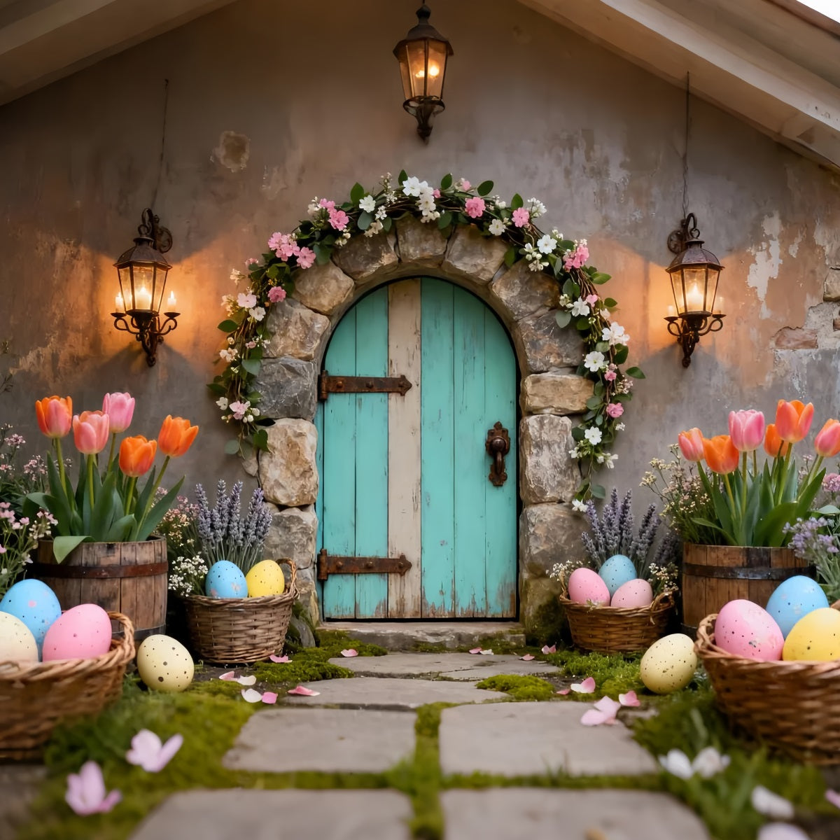 Osterei-Fotohintergrund Türkisfarbene Tür Tulpenkorb Osterhintergründe Foto LXX61-80