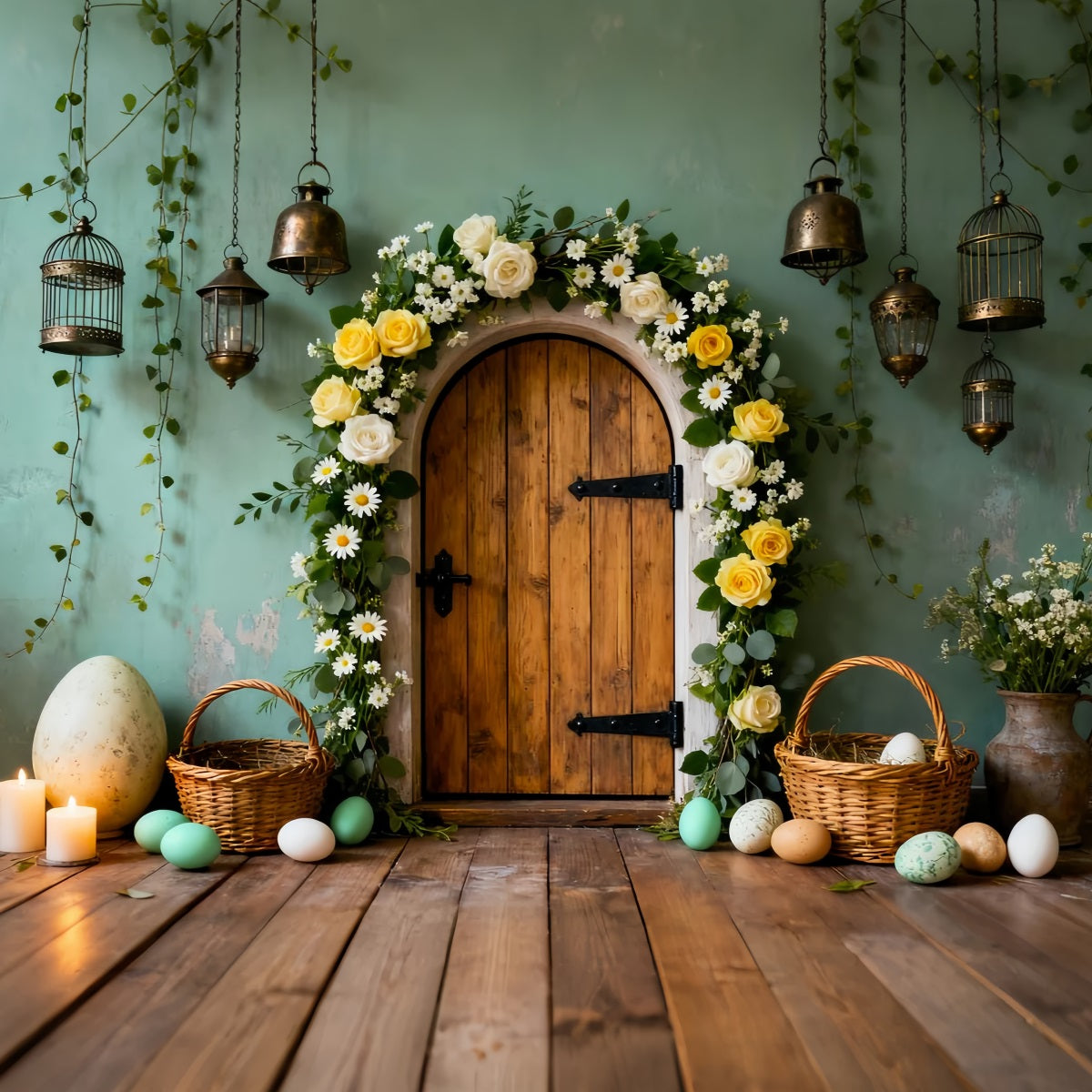 Osterei-Fotohintergrund Holztür Blumenbogen Mein erstes Osterfest-Hintergrund LXX61-82