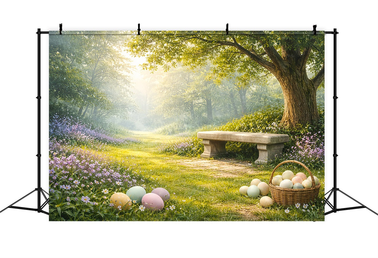 Rustikaler Osterhintergrund Sonniger Wald Wiese Bank Osterhintergründe für draußen LXX61-83