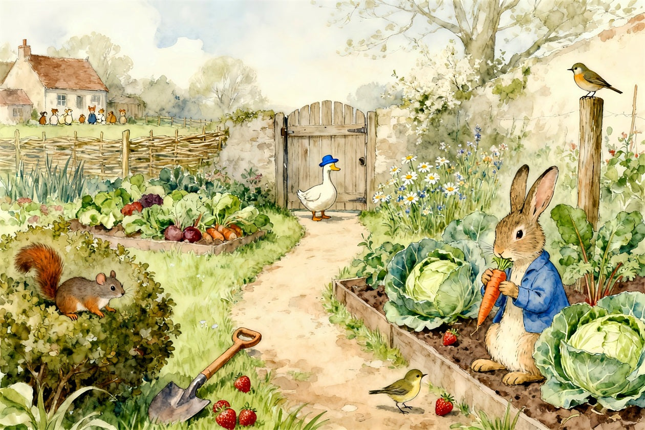 Peter Rabbit Fotografie-Hintergrund Märchenbuch Garten Hase Ernte Ostern Hintergrund Foto LXX61-90