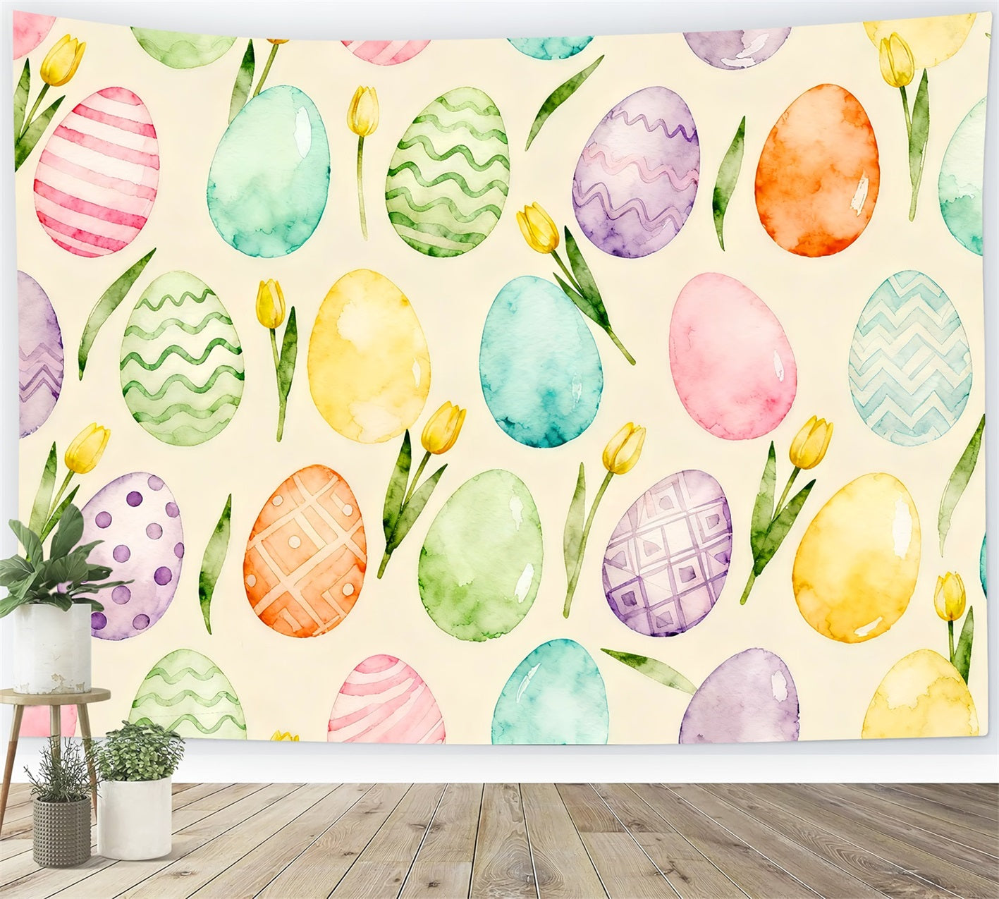 Hintergrund mit Eiern, Aquarell, Pastellfarben, Tulpenmuster, Ostern LXX61-92