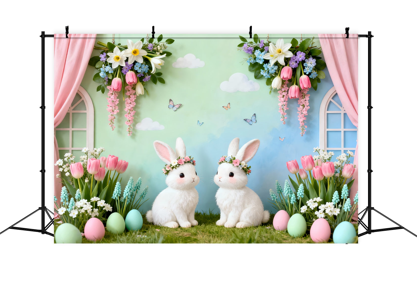 Hintergrund mit Kaninchen, zwei Hasen, Blumengarten, Ostern LXX61-94