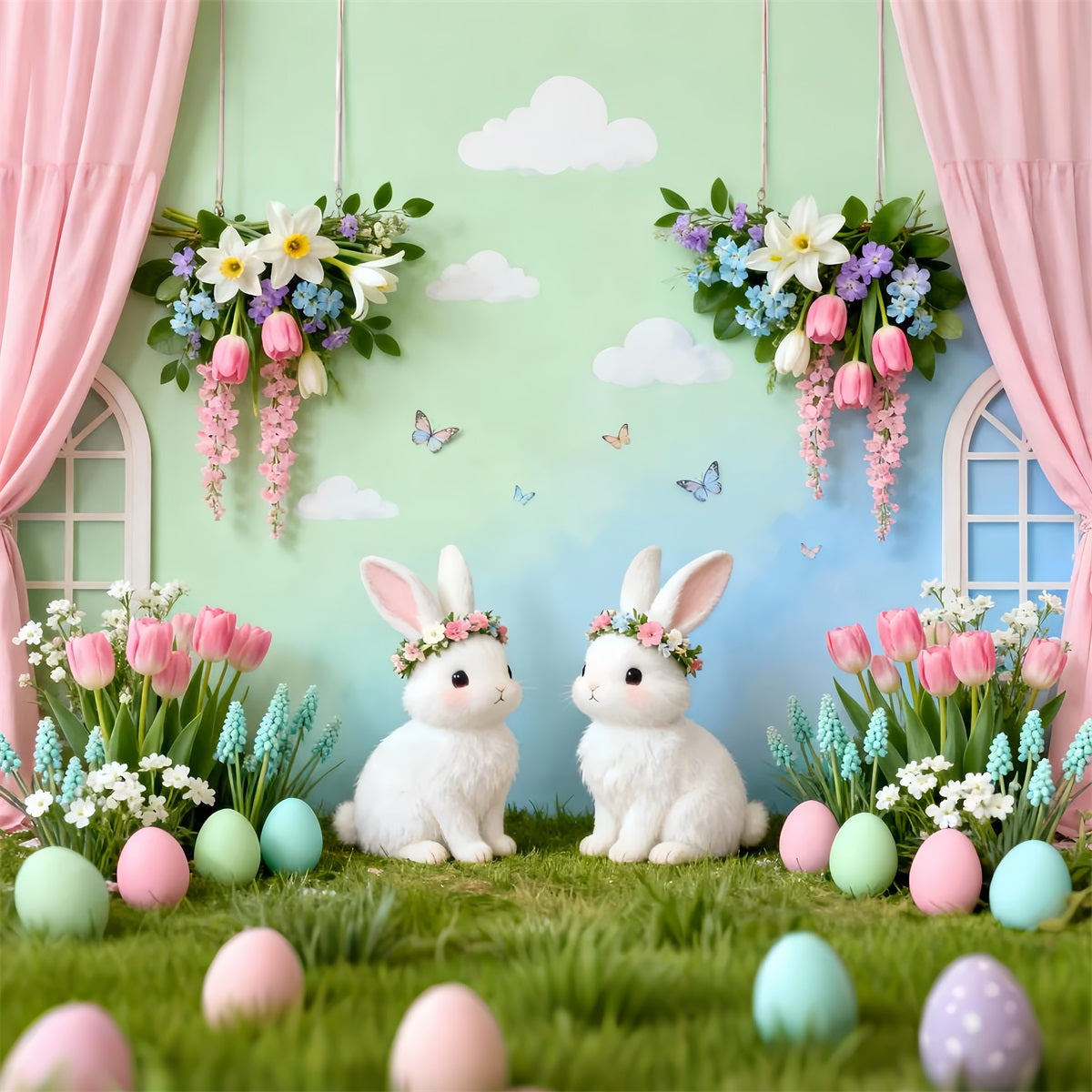 Hintergrund mit Kaninchen, zwei Hasen, Blumengarten, Ostern LXX61-94