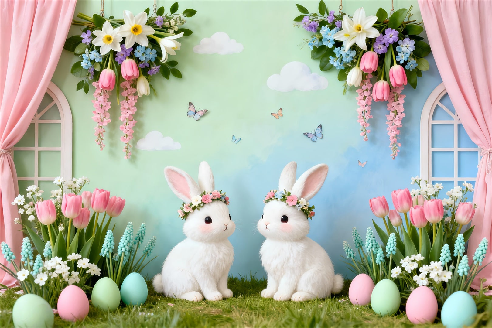 Hintergrund mit Kaninchen, zwei Hasen, Blumengarten, Ostern LXX61-94