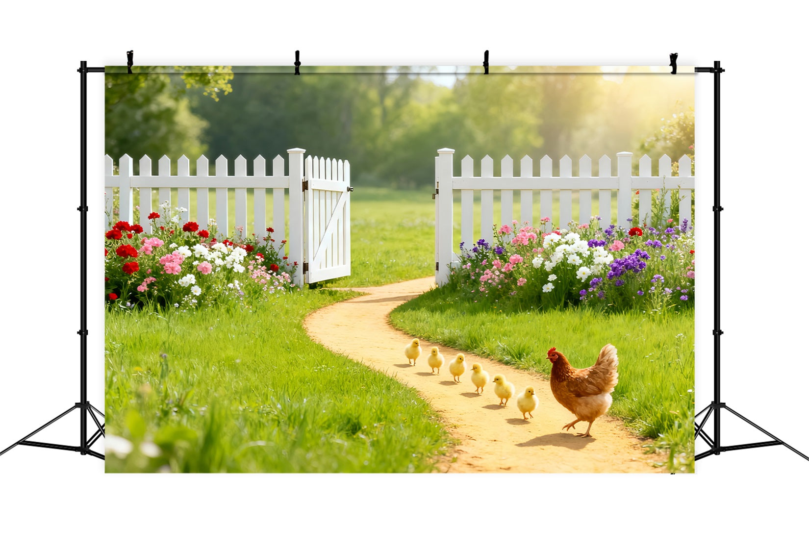 Hintergrund mit Küken, sonniger Garten, Wildblumenstrauß, Ostern, Hintergrundideen LXX61-95
