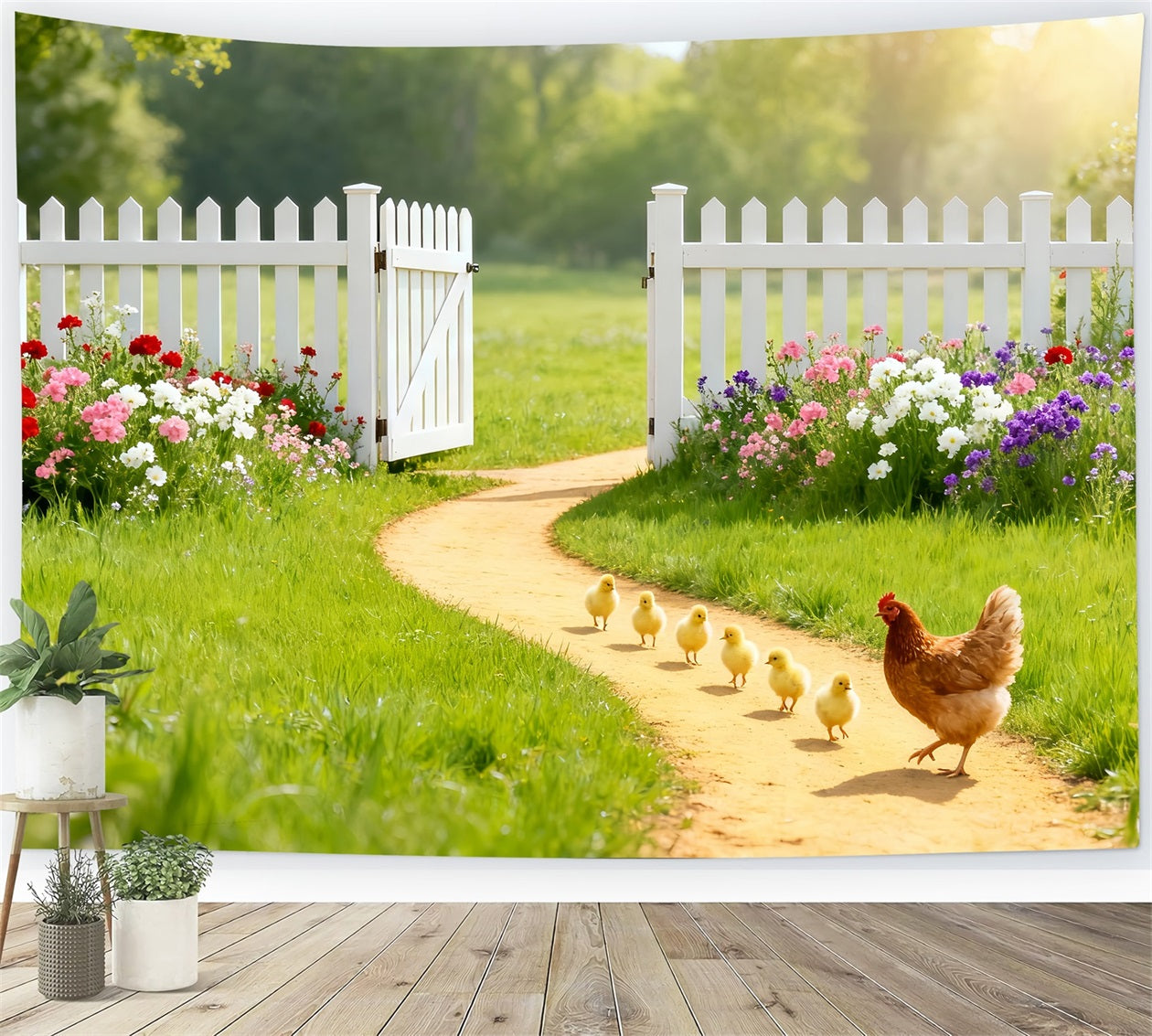 Hintergrund mit Küken, sonniger Garten, Wildblumenstrauß, Ostern, Hintergrundideen LXX61-95