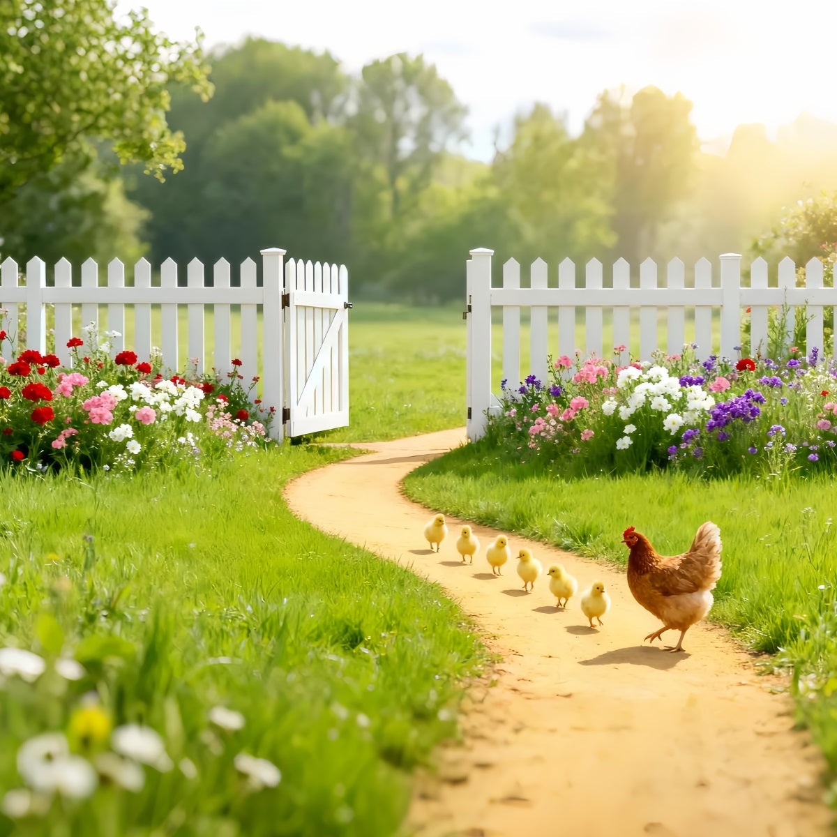 Hintergrund mit Küken, sonniger Garten, Wildblumenstrauß, Ostern, Hintergrundideen LXX61-95