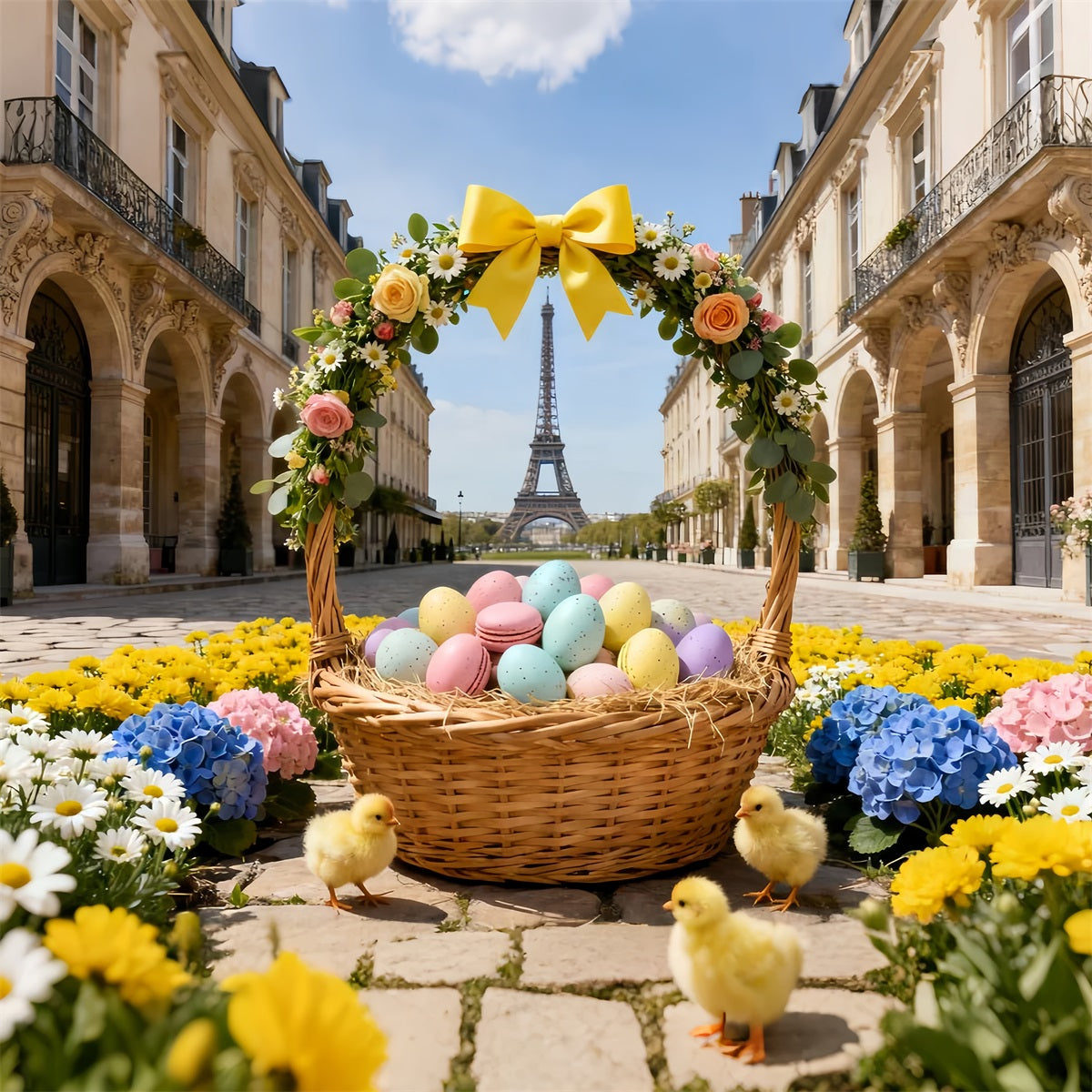 Hühnchen-Hintergrund Paris Blumen-Eierkorb Oster-Hintergrundideen LXX61-96
