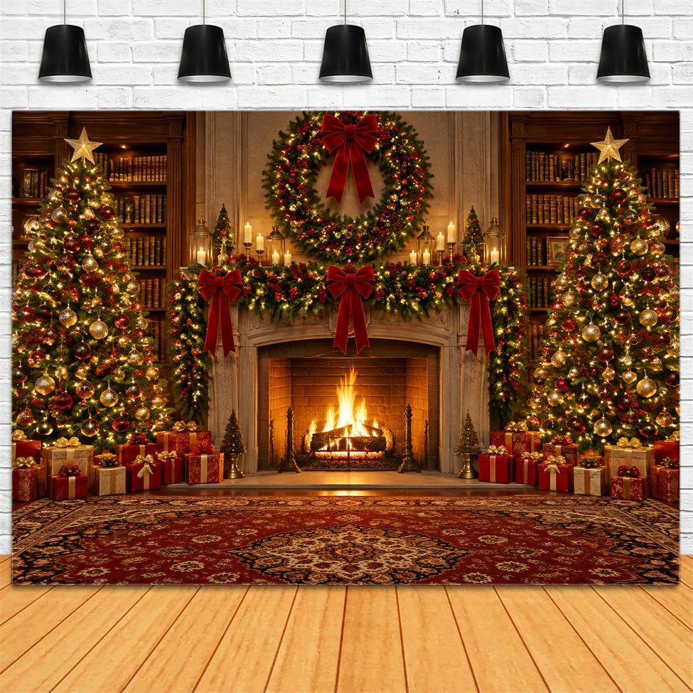 Weihnachtlicher Fotohintergrund Verzierte Bibliothek Kamin Kranz LXX610-151