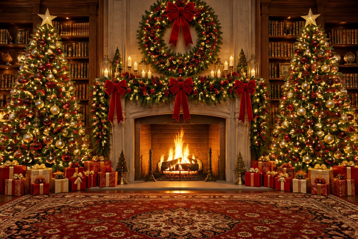 Weihnachtlicher Fotohintergrund Verzierte Bibliothek Kamin Kranz LXX610-151