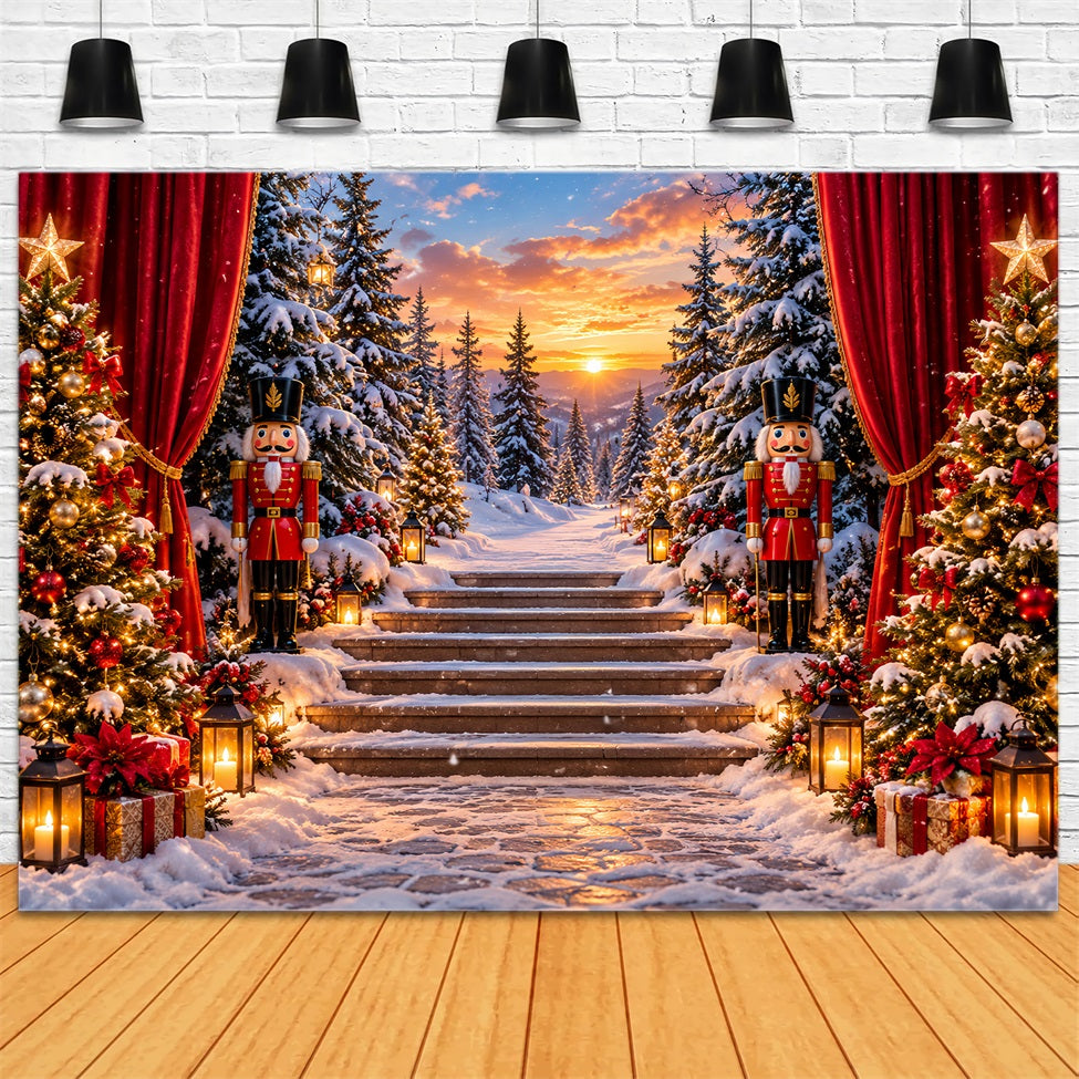 Weihnachtlicher Themenhintergrund Waldsonnenuntergang Verschneite Treppe Nussknacker LXX610-159