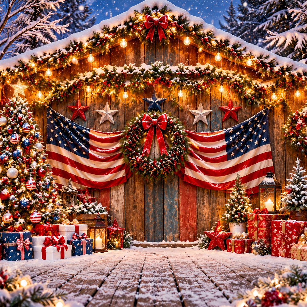Ländlicher Weihnachtshintergrund Festlicher Eingang Mit Flaggen Und Weihnachtsbaum LXX610-168