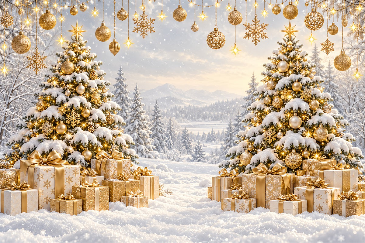 Weihnachtlicher Fotohintergrund Goldener Sonnenuntergang Verschneiter Wald LXX610-171