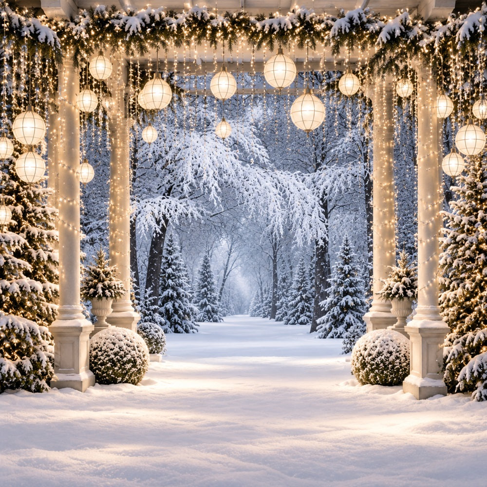 Weihnachtswald-Hintergrund Verschneiter Laternen-Säulengang LXX610-177