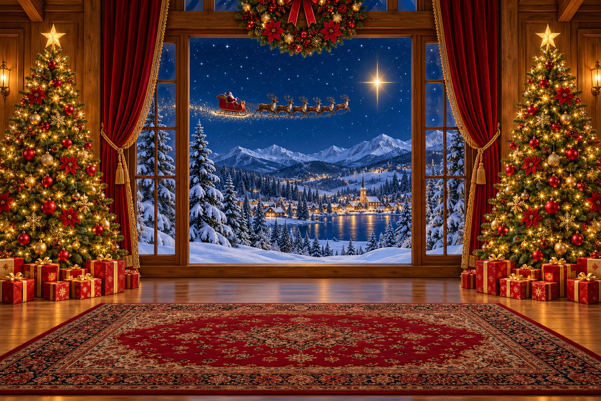 Weihnachtlicher Santa-Hintergrund Fenster Schlitten Winterdorf LXX610-183