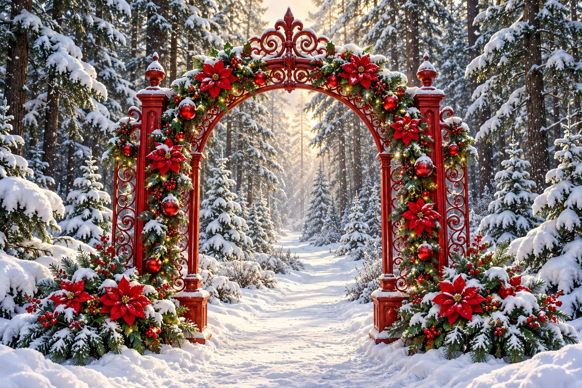 Verschneiter Weihnachtshintergrund Rote Weihnachtssternblumen Waldtorbogen LXX610-187