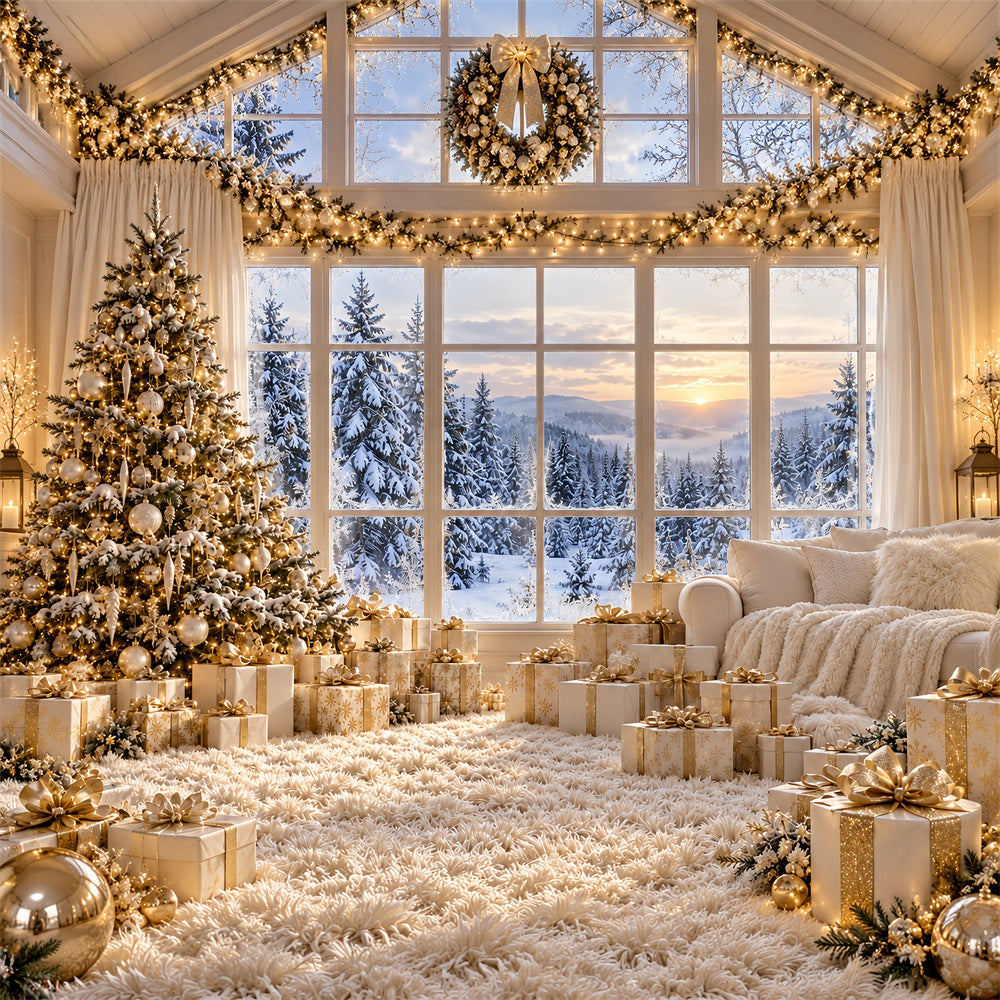 Weißer Weihnachtshintergrund Elfenbein-Goldenes Fenster Winteridylle LXX610-188