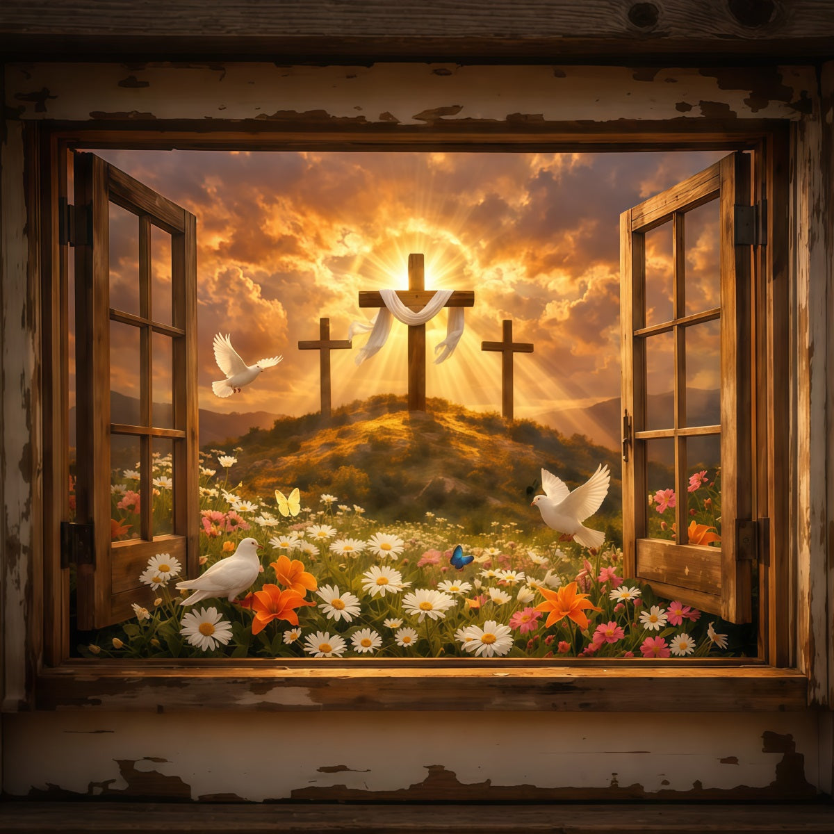 Ostern Kirche Hintergrund Auferstehung Hügel Sonnenaufgang Offenes Fenster Ostern Fotohintergründe LXX62-37