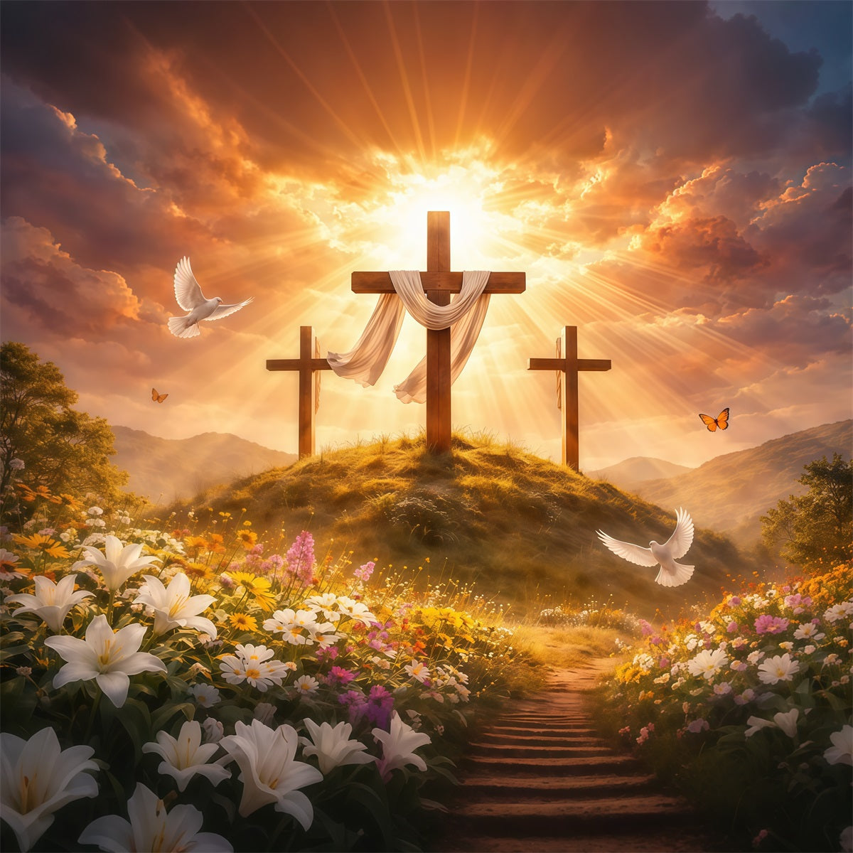 Ostern Kirche Hintergrund Goldene Herrlichkeit Drei Kreuze Wiese Ostern Fotohintergründe LXX62-38